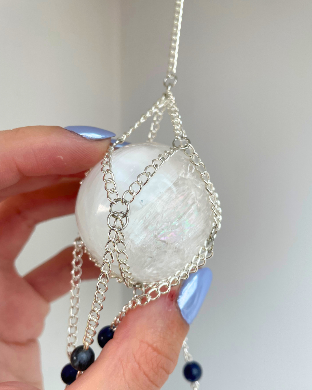 Selenite Sphere Suncatcher + Sodalite Disc | Handmade Crystal Wall Hanging