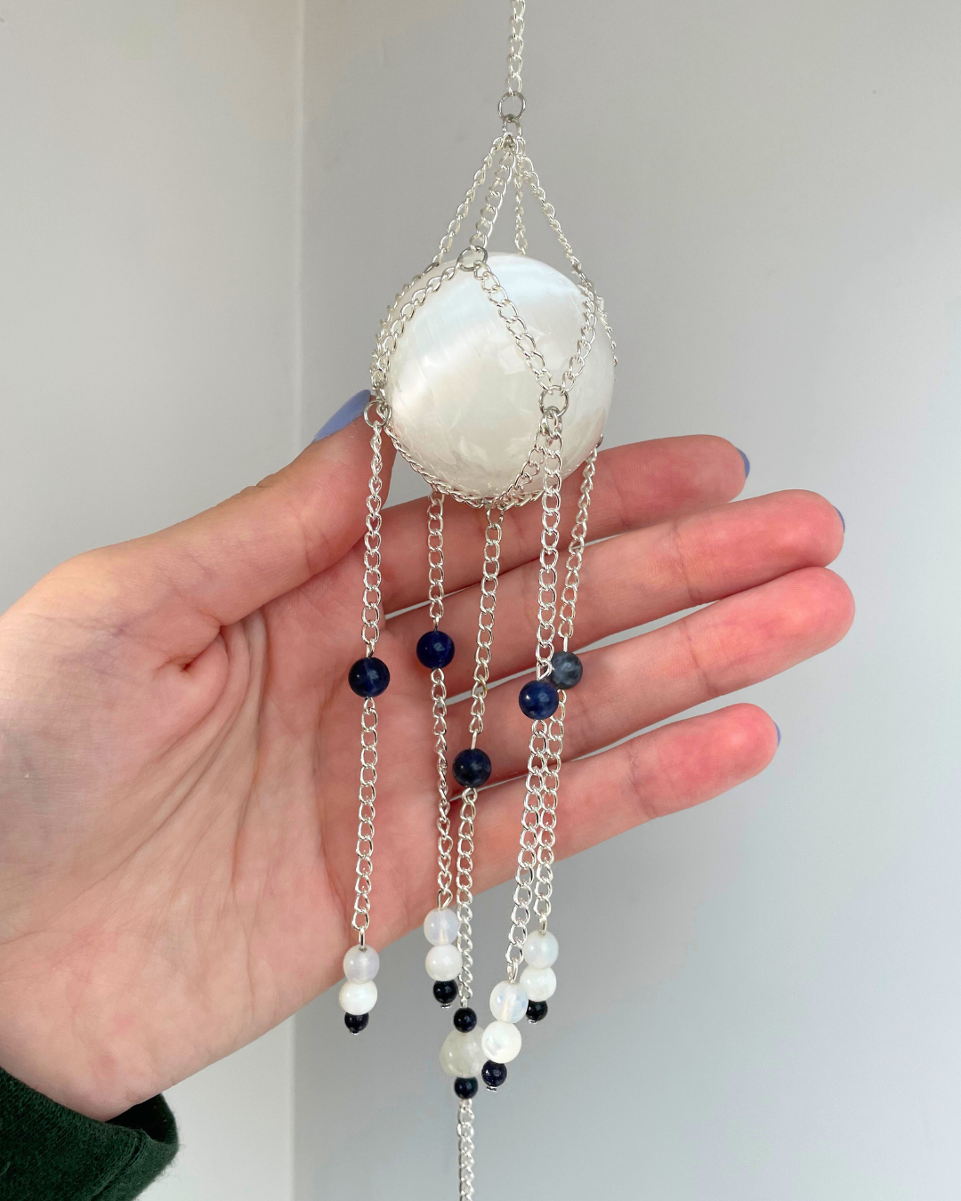 Selenite Sphere Suncatcher + Sodalite Disc | Handmade Crystal Wall Hanging