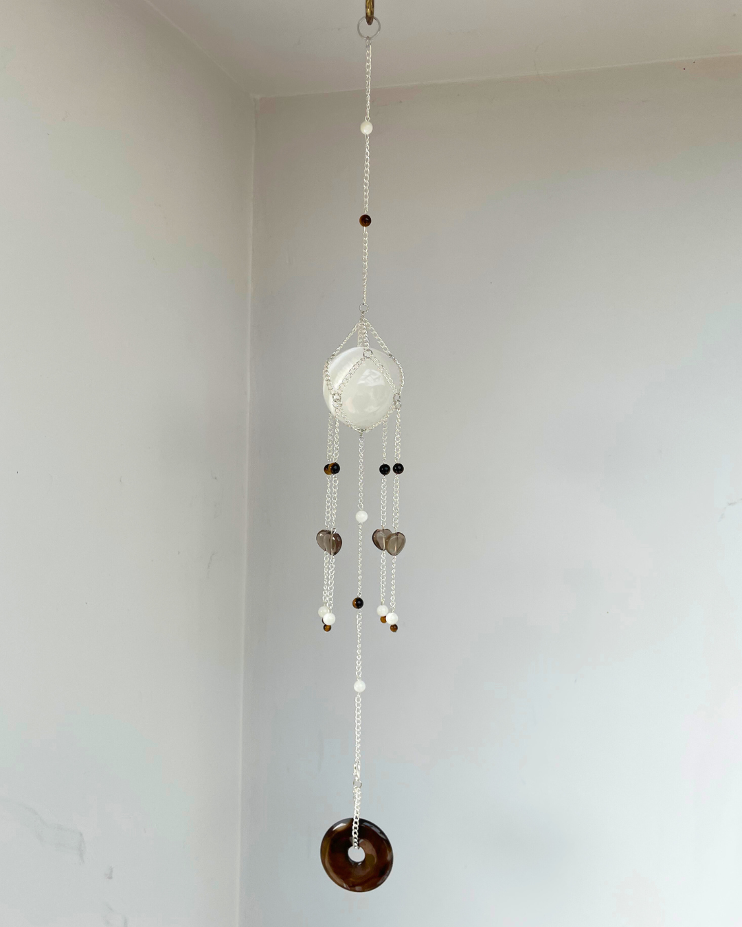 Selenite Sphere Suncatcher + Agate Disc | Handmade Crystal Wall Hanging