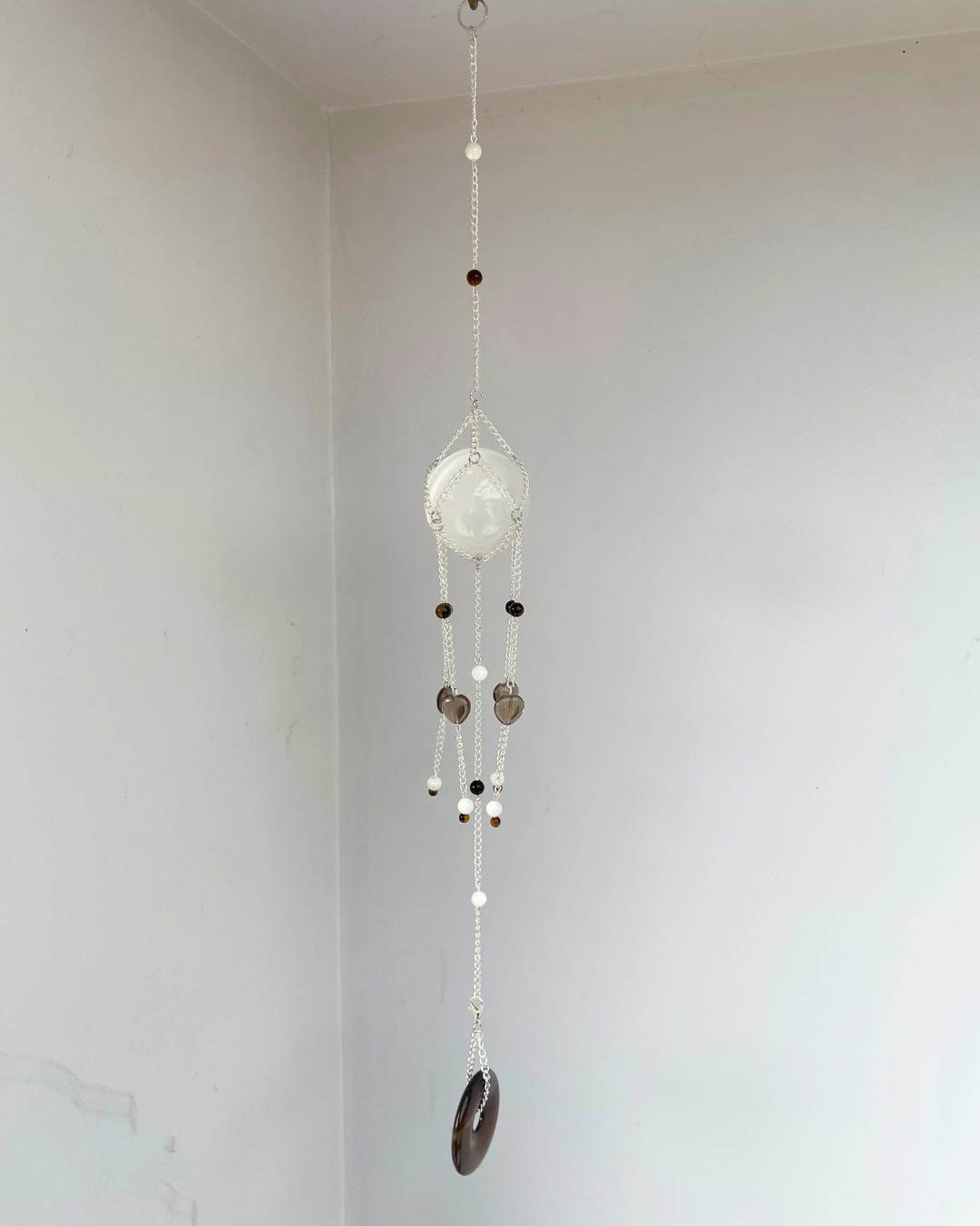 Selenite Sphere Suncatcher + Agate Disc | Handmade Crystal Wall Hanging