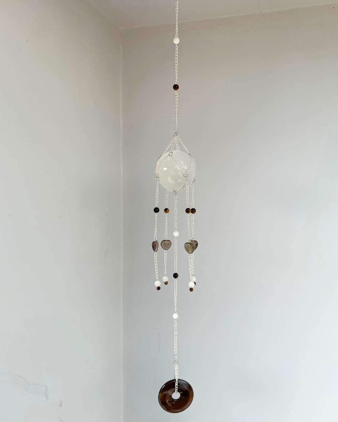 Selenite Sphere Suncatcher + Agate Disc | Handmade Crystal Wall Hanging