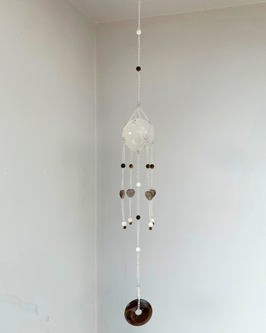 Selenite Sphere Suncatcher + Agate Disc | Handmade Crystal Wall Hanging