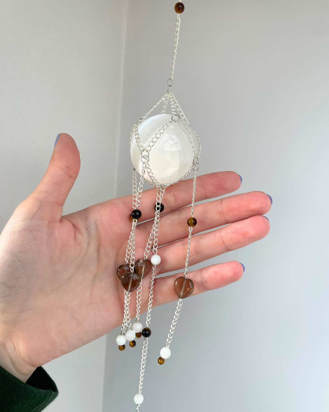 Selenite Sphere Suncatcher + Agate Disc | Handmade Crystal Wall Hanging