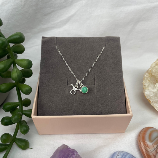 May Taurus + Chrysoprase Necklace | May Birthstone Zodiac Necklace | Sterling Silver | 18 Inch