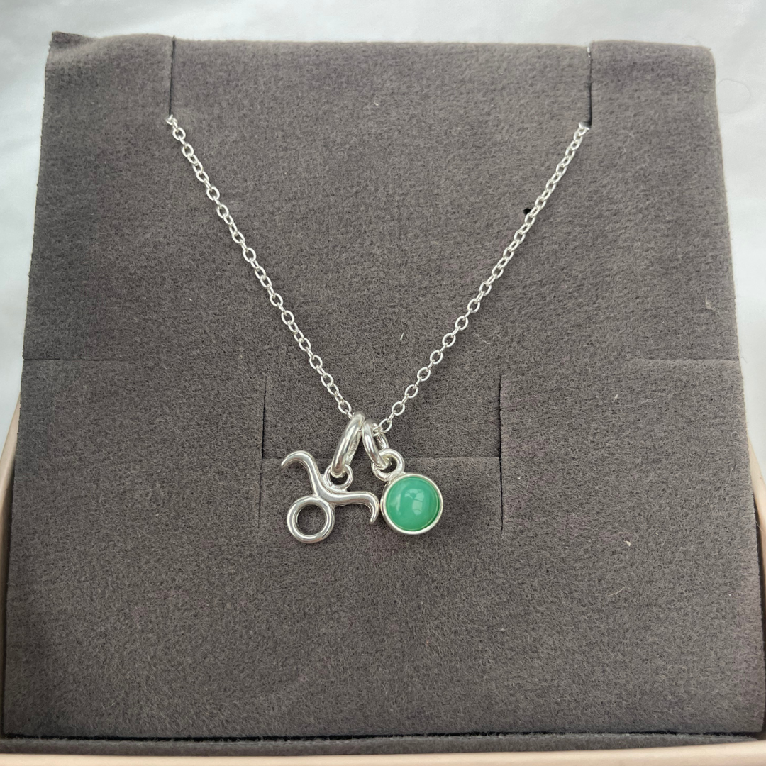 May Taurus + Chrysoprase Necklace | May Birthstone Zodiac Necklace | Sterling Silver | 18 Inch