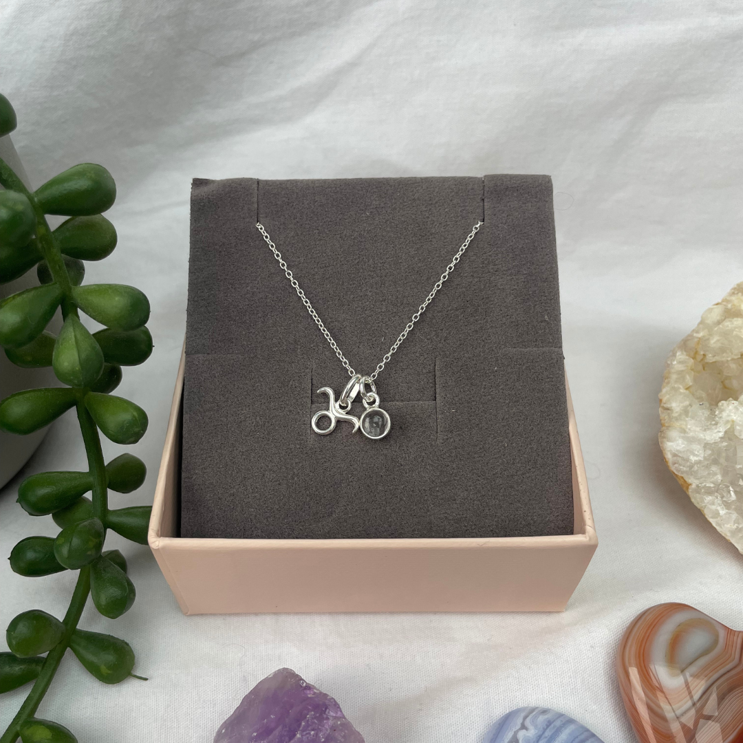 April Taurus + Clear Quartz Necklace | April Birthstone Zodiac Necklace | Sterling Silver | 18 Inch