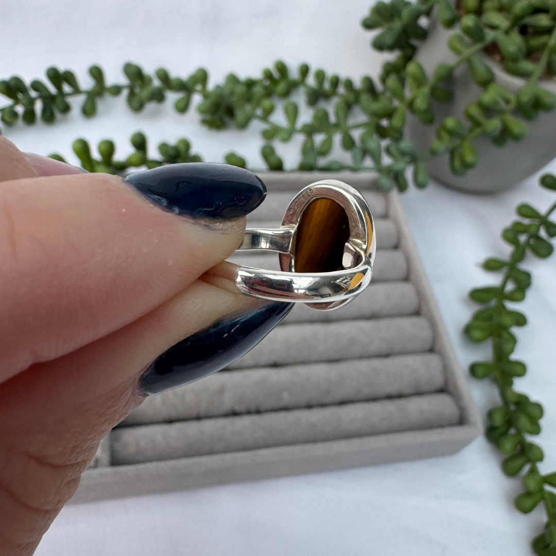 Tigers Eye Sterling Silver Oval Ring | P | 8