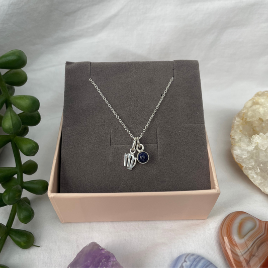 September Virgo + Lapis Lazuli Necklace | September Birthstone Zodiac Necklace | Sterling Silver | 18 Inch