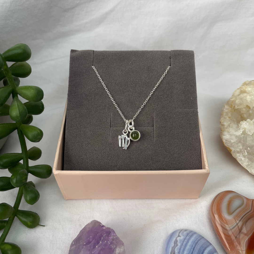 August Virgo + Peridot Necklace | August Birthstone Zodiac Necklace | Sterling Silver | 18 Inch