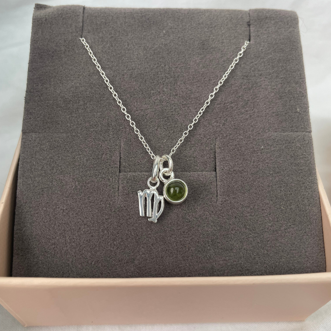 August Virgo + Peridot Necklace | August Birthstone Zodiac Necklace | Sterling Silver | 18 Inch