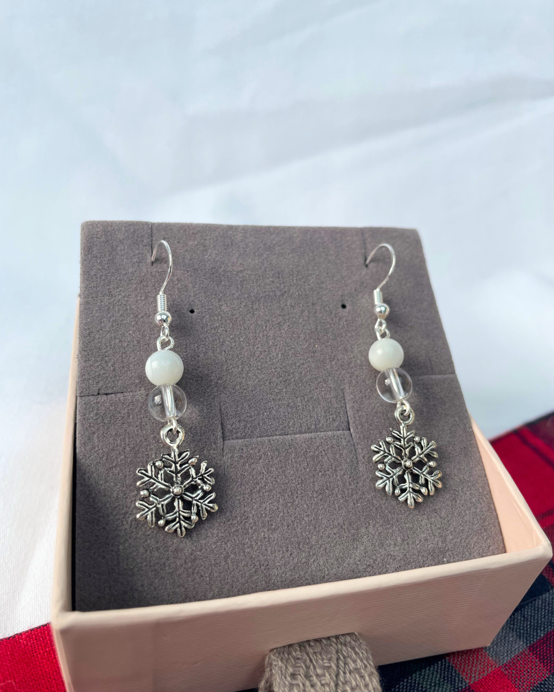 Mother of Pearl + Clear Quartz Snowflake Earrings | Sterling Silver Handmade Crystal Earrings