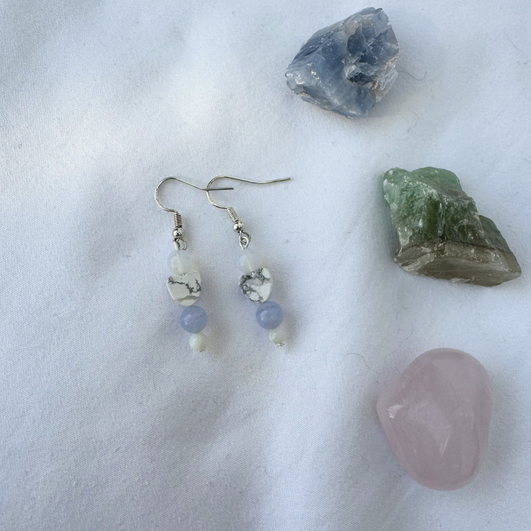 Feeling Blue Heart Earrings | Handmade with Opalite + Howlite + Blue Lace + Mother of Pearl