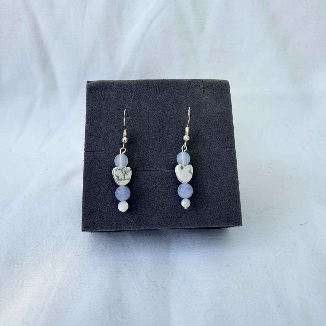 Feeling Blue Heart Earrings | Handmade with Opalite + Howlite + Blue Lace + Mother of Pearl
