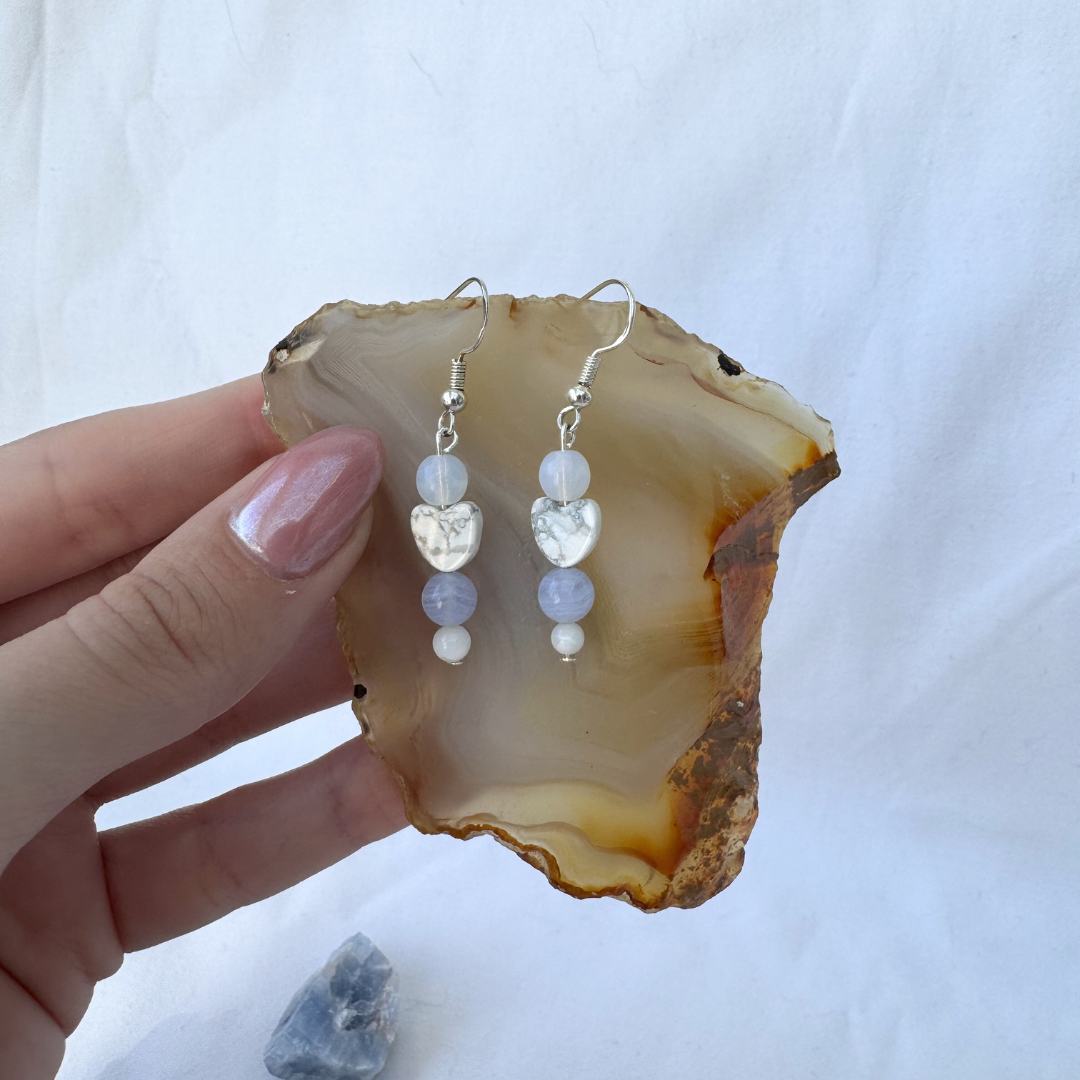 Feeling Blue Heart Earrings | Handmade with Opalite + Howlite + Blue Lace + Mother of Pearl