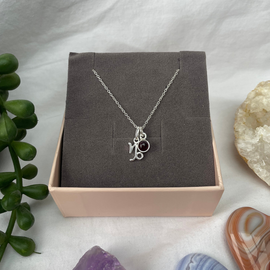 January Capricorn + Garnet Necklace | January Birthstone Zodiac Necklace | Sterling Silver | 18 Inch