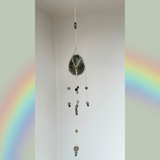 Fuchsite + Kyanite + Garnet Egg Suncatcher + Moss Agate | Crystal Wall Hanging