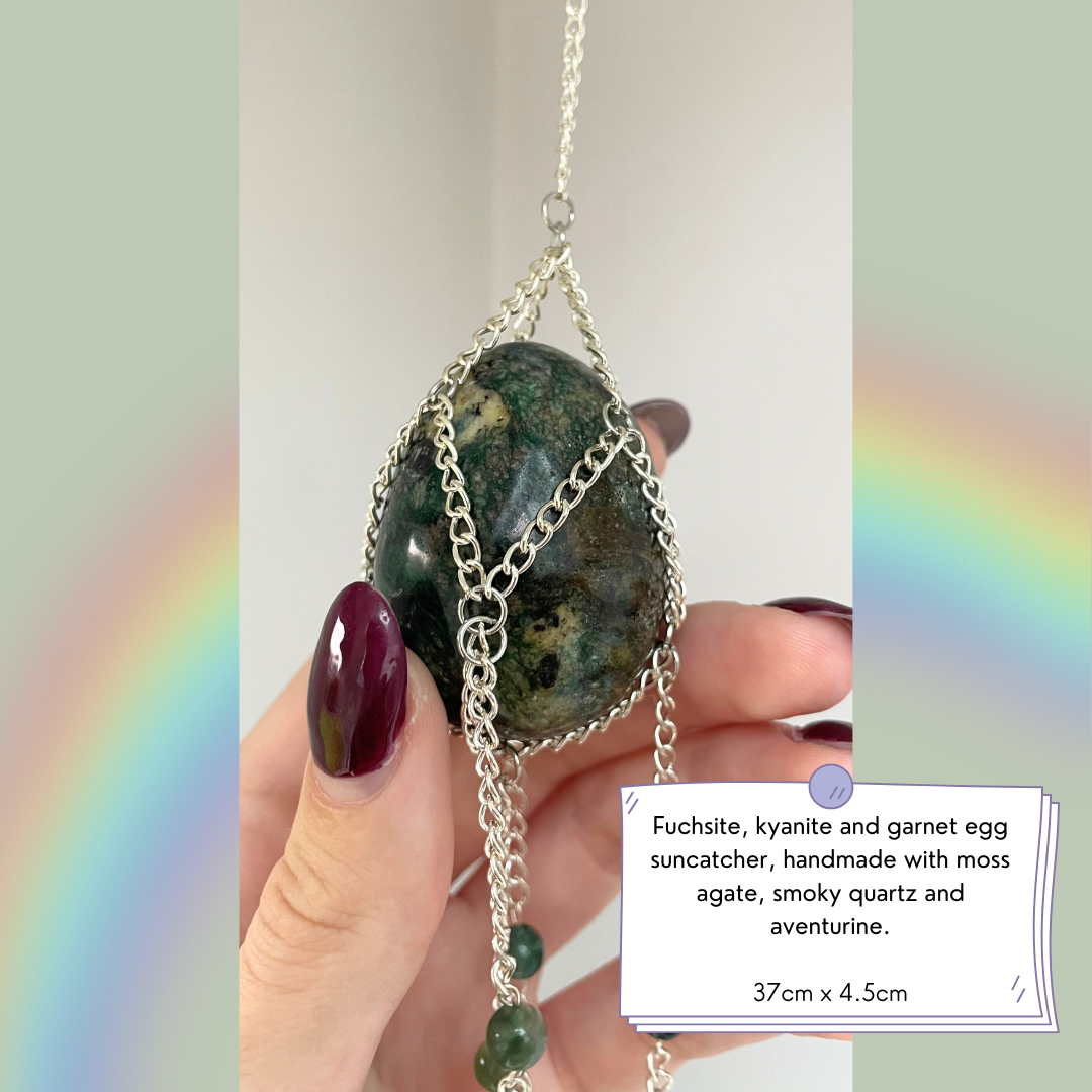 Fuchsite + Kyanite + Garnet Egg Suncatcher + Moss Agate | Crystal Wall Hanging