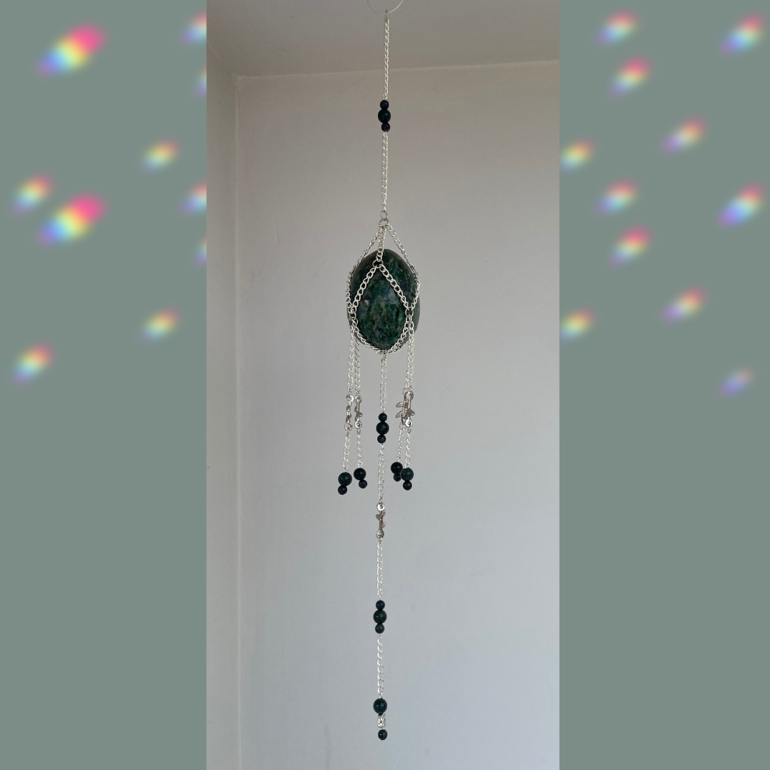 Fuchsite + Kyanite + Garnet Egg Suncatcher | Crystal Wall Hanging