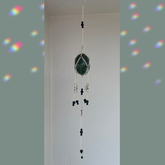 Fuchsite + Kyanite + Garnet Egg Suncatcher | Crystal Wall Hanging