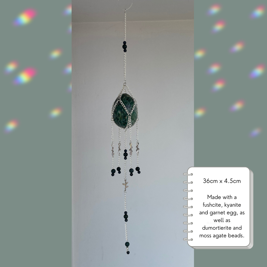 Fuchsite + Kyanite + Garnet Egg Suncatcher | Crystal Wall Hanging