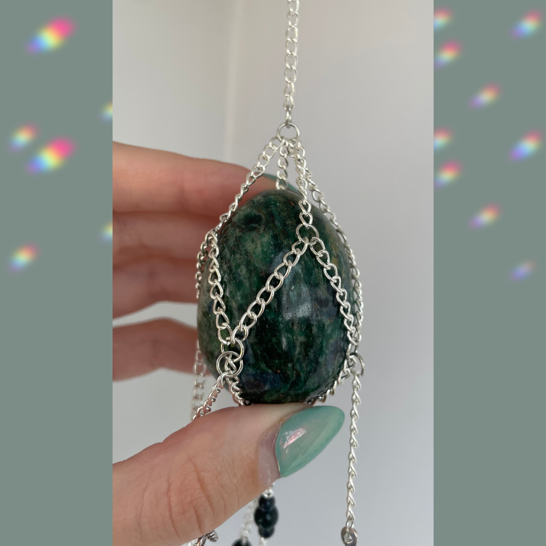 Fuchsite + Kyanite + Garnet Egg Suncatcher | Crystal Wall Hanging