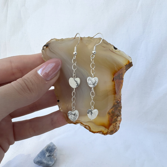 Dangly Howlite Heart Earrings | Handmade