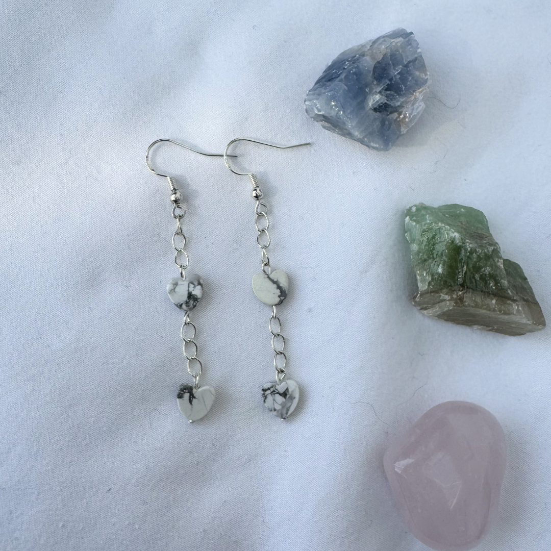 Dangly Howlite Heart Earrings | Handmade