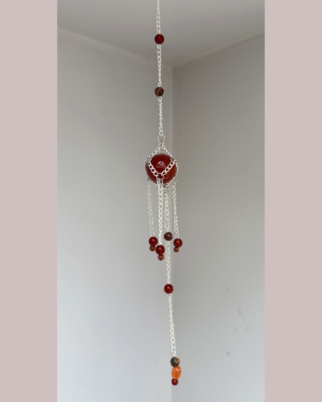 Mini Carnelian + Leopardskin Jasper Sphere Suncatcher | Handmade Crystal Wall Hanging