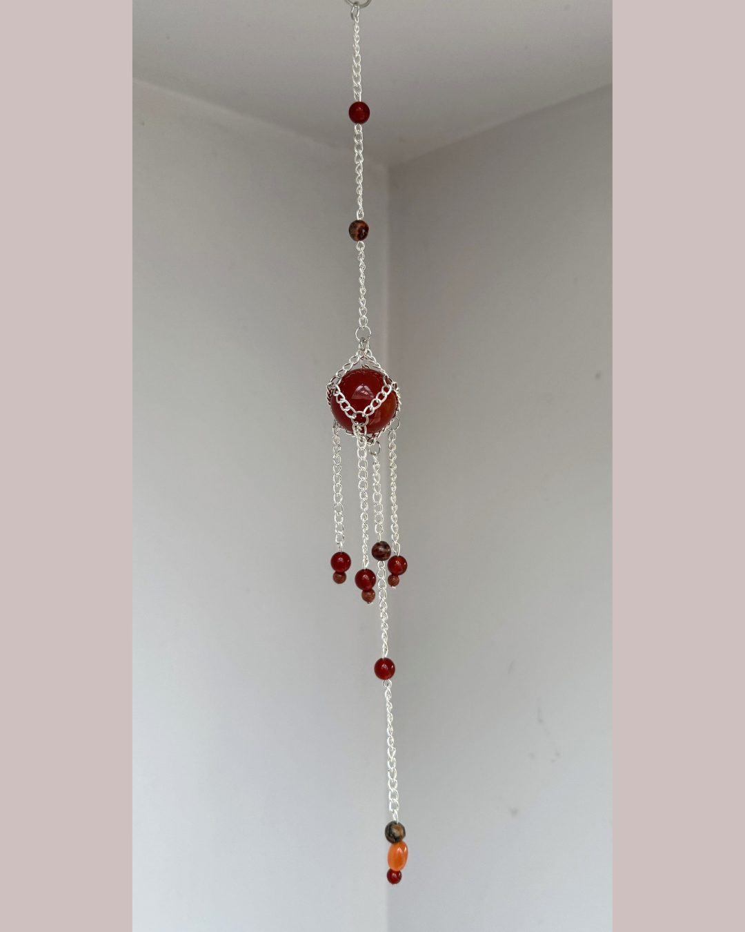 Mini Carnelian + Leopardskin Jasper Sphere Suncatcher | Handmade Crystal Wall Hanging
