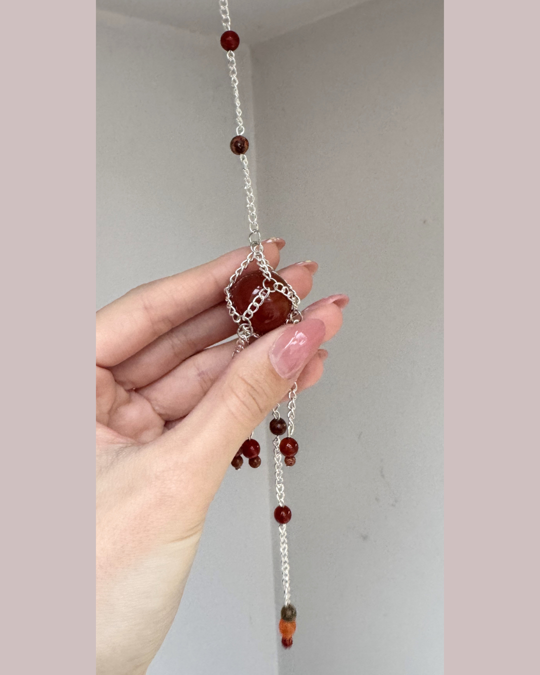 Mini Carnelian + Leopardskin Jasper Sphere Suncatcher | Handmade Crystal Wall Hanging