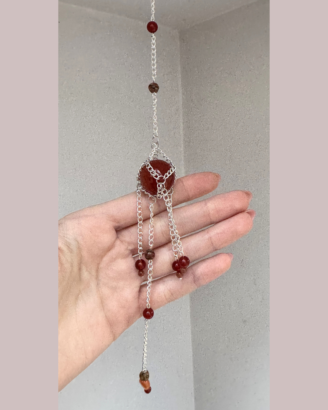 Mini Carnelian + Leopardskin Jasper Sphere Suncatcher | Handmade Crystal Wall Hanging