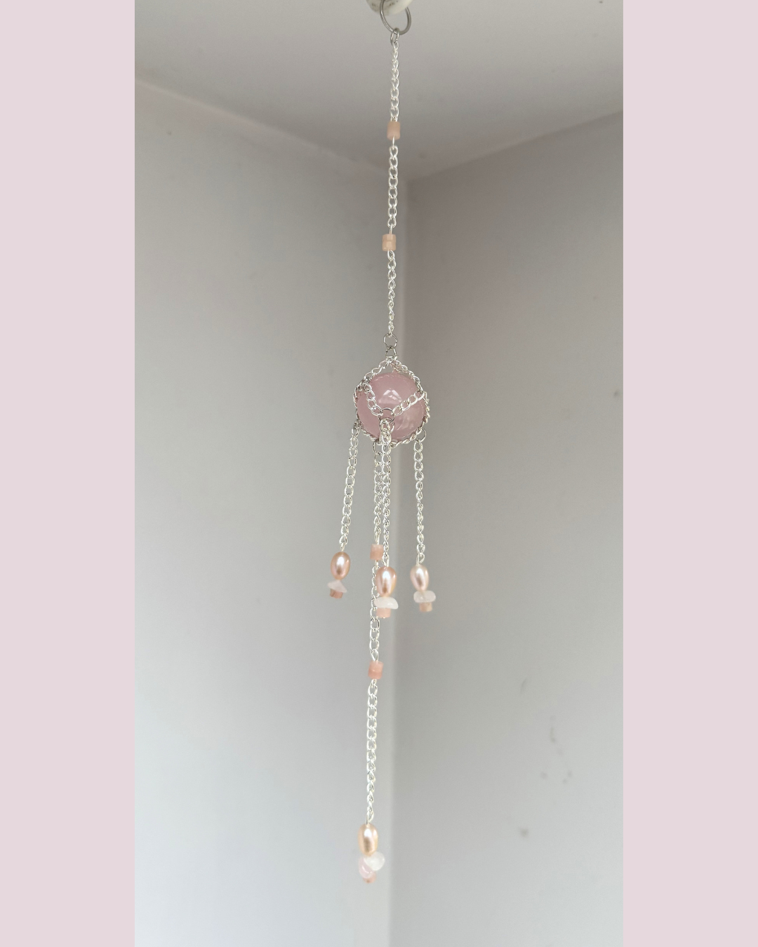 Mini Rose Quartz + Pearl Sphere Suncatcher | Handmade Crystal Wall Hanging