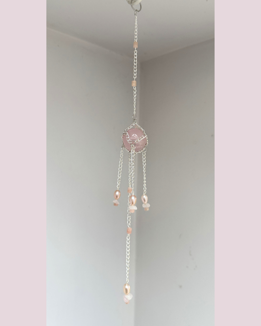 Mini Rose Quartz + Pearl Sphere Suncatcher | Handmade Crystal Wall Hanging