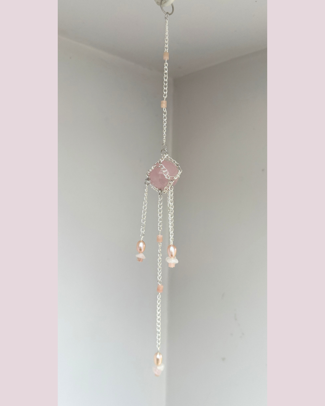 Mini Rose Quartz + Pearl Sphere Suncatcher | Handmade Crystal Wall Hanging