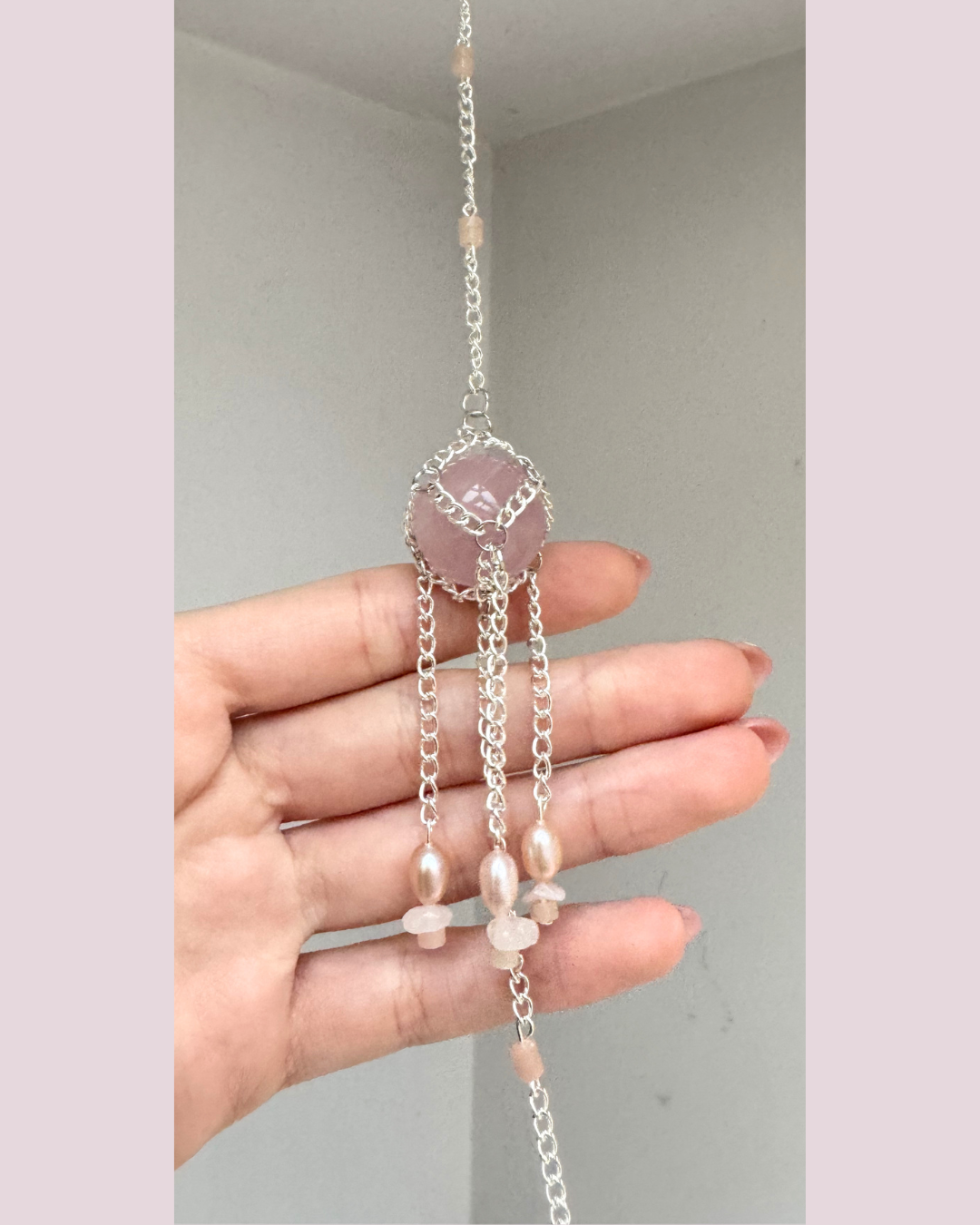 Mini Rose Quartz + Pearl Sphere Suncatcher | Handmade Crystal Wall Hanging