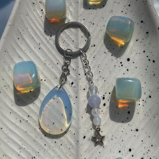 Opalite Handmade Keyring | Crackle Glass + Blue Lace Agate + Opalite