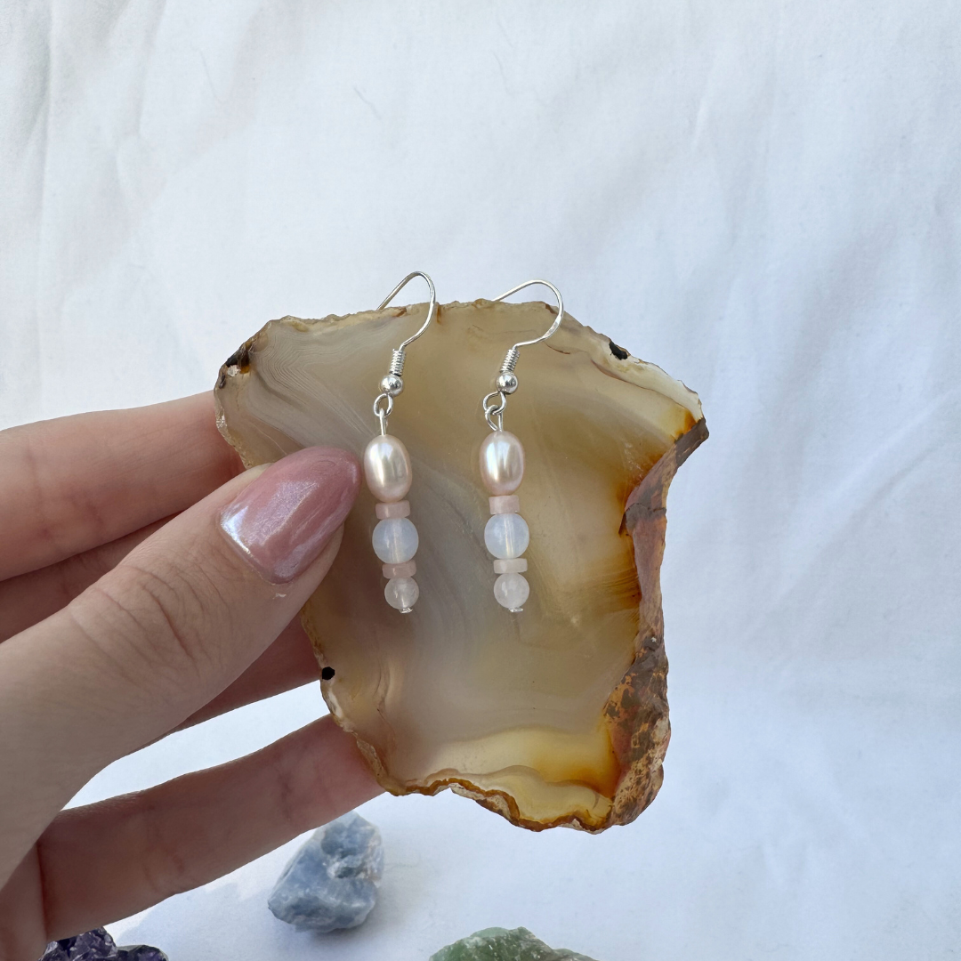 Pink Pastel Earrings | Handmade with Pearls + Pink Opal + Opalite + Rose Quartz