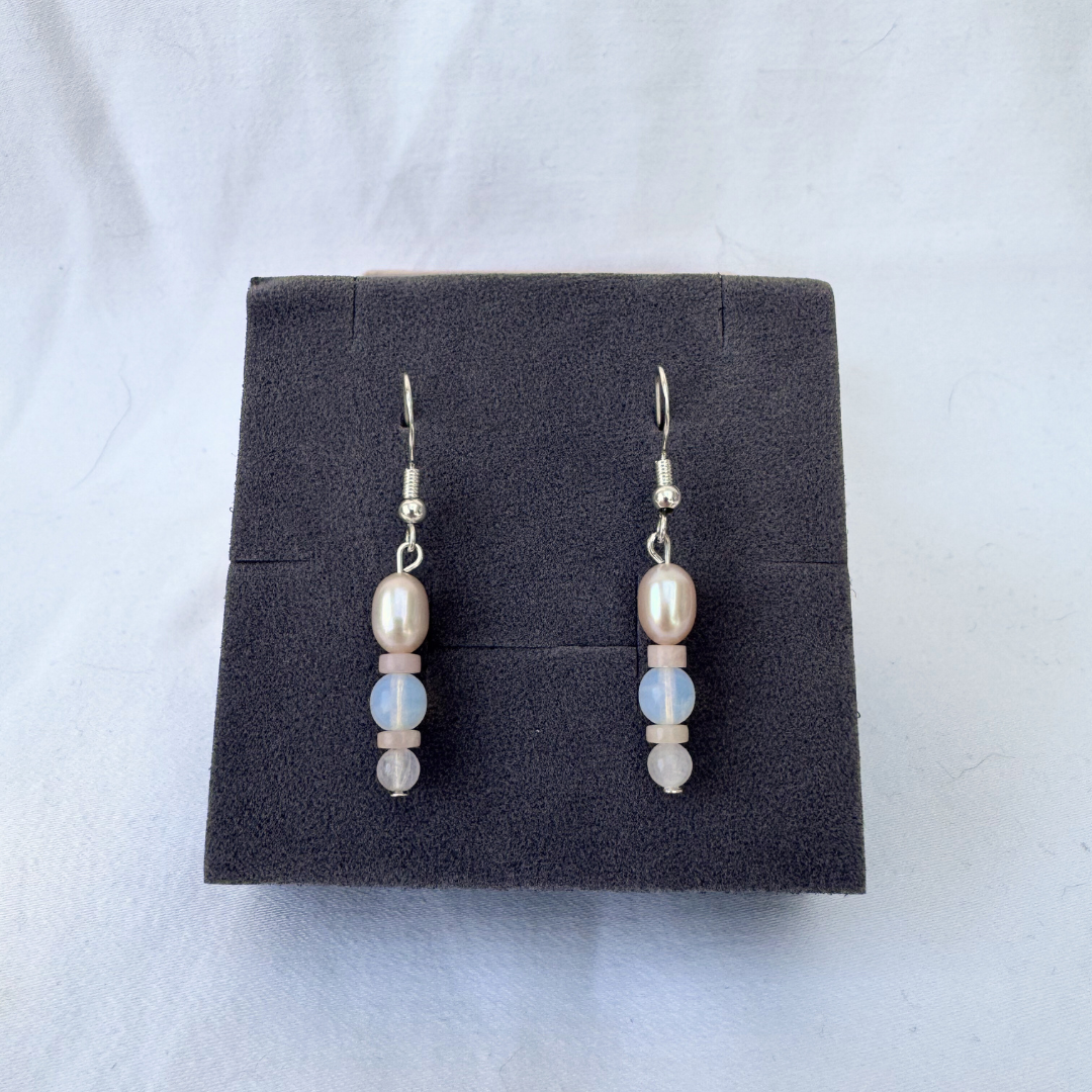 Pink Pastel Earrings | Handmade with Pearls + Pink Opal + Opalite + Rose Quartz