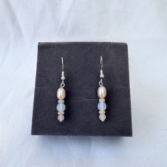 Pink Pastel Earrings | Handmade with Pearls + Pink Opal + Opalite + Rose Quartz