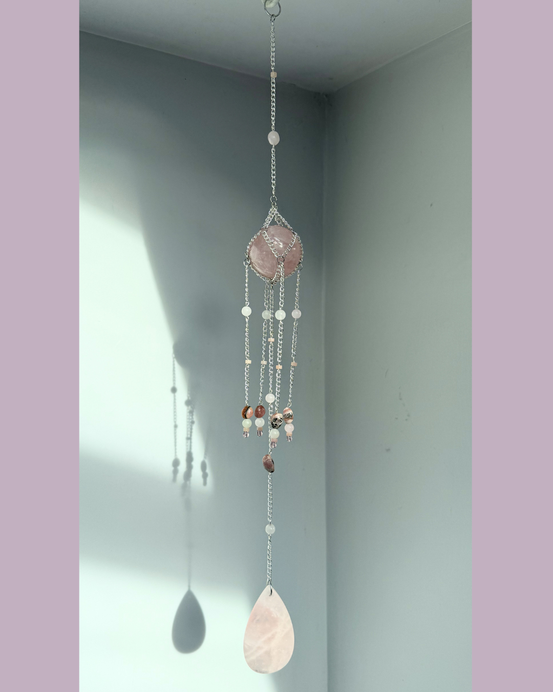 Rose Quartz Sphere + Rhodochrosite Suncatcher | Handmade Crystal Wall Hanging