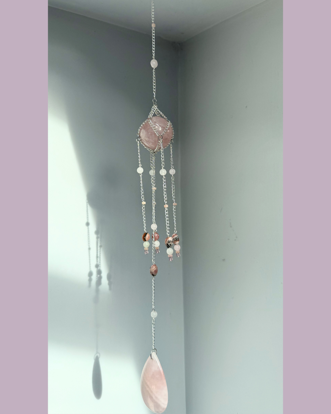 Rose Quartz Sphere + Rhodochrosite Suncatcher | Handmade Crystal Wall Hanging
