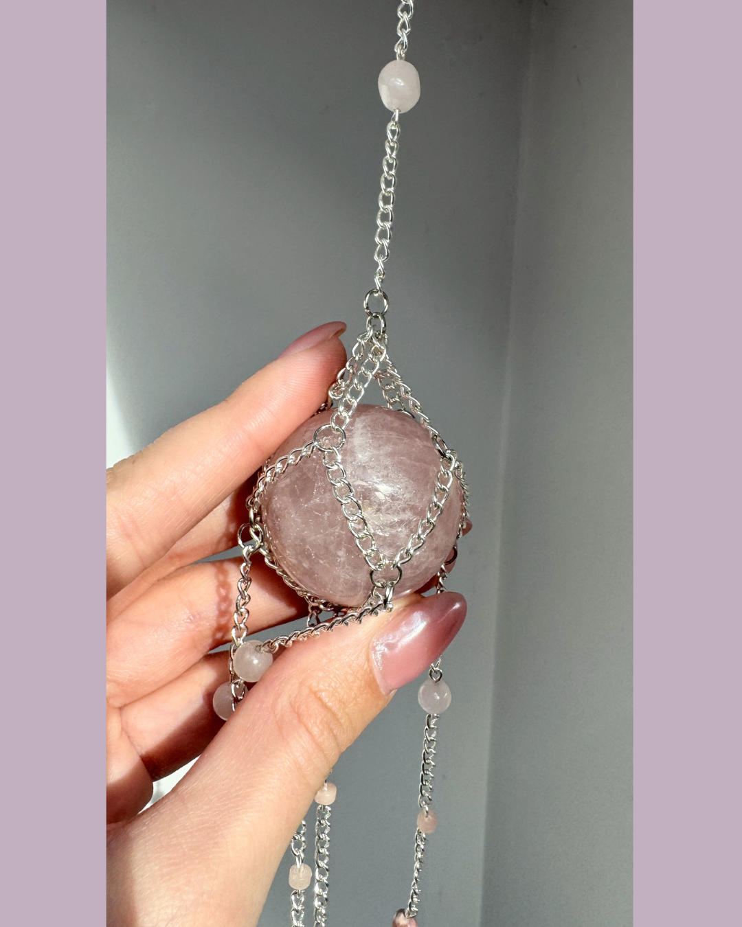 Rose Quartz Sphere + Rhodochrosite Suncatcher | Handmade Crystal Wall Hanging