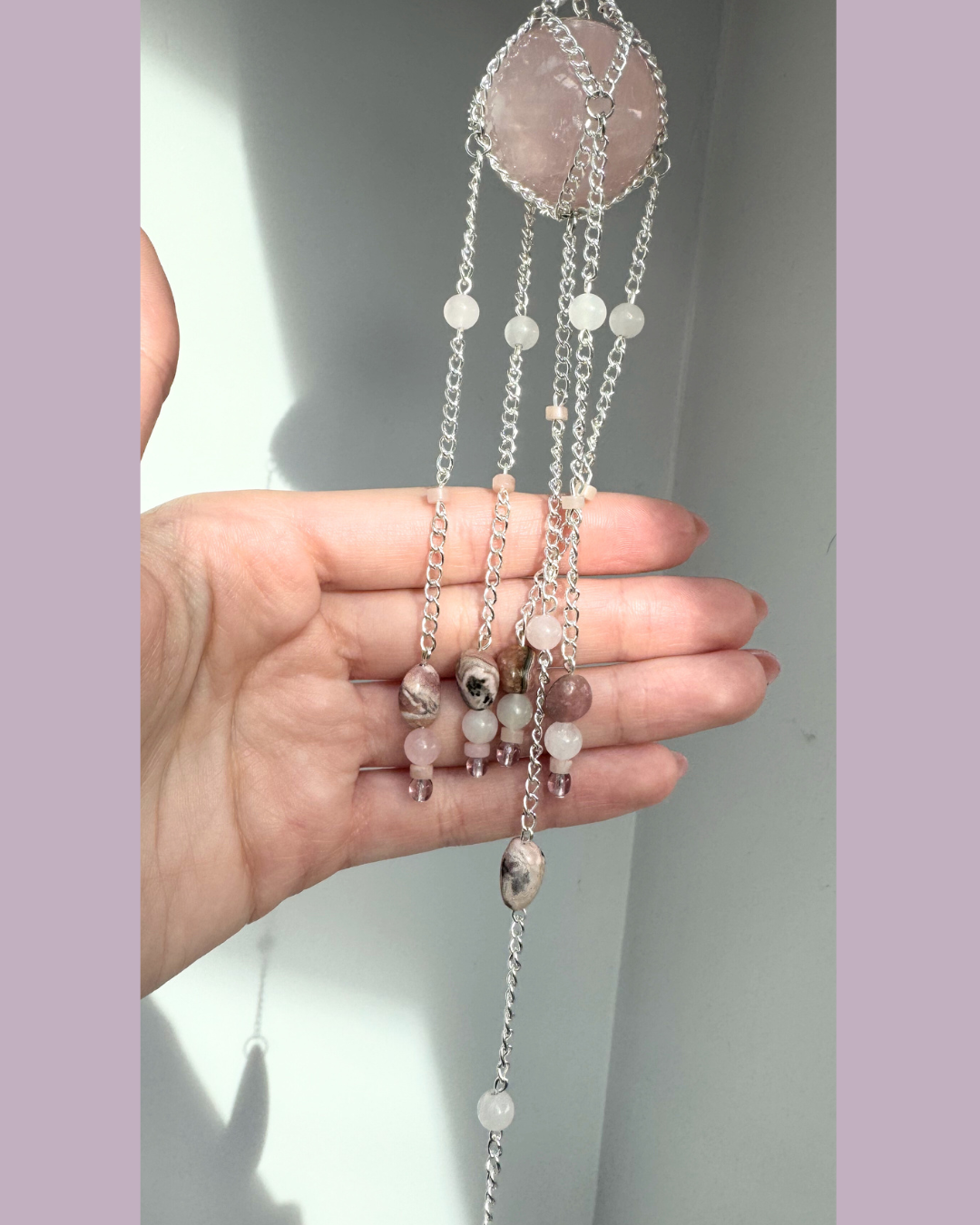 Rose Quartz Sphere + Rhodochrosite Suncatcher | Handmade Crystal Wall Hanging