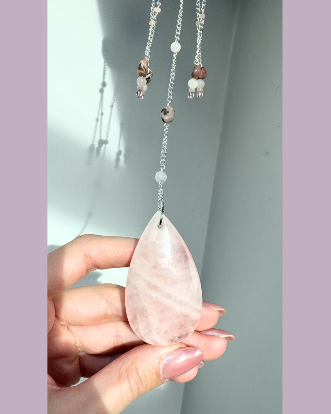 Rose Quartz Sphere + Rhodochrosite Suncatcher | Handmade Crystal Wall Hanging