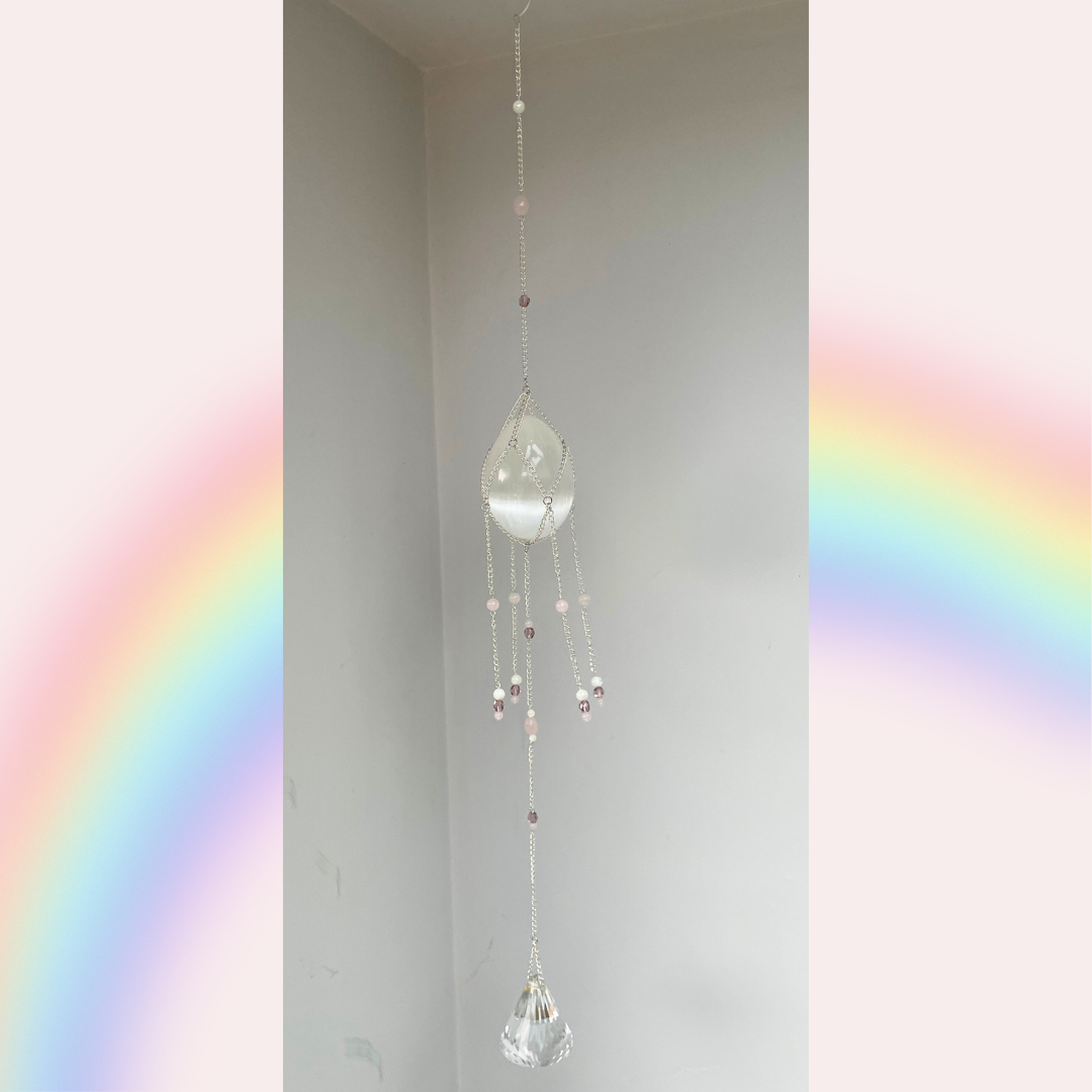 Selenite Egg + Rose Quartz Princess Suncatcher | Crystal Wall Hanging