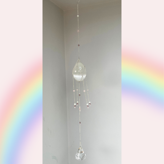 Selenite Egg + Rose Quartz Princess Suncatcher | Crystal Wall Hanging