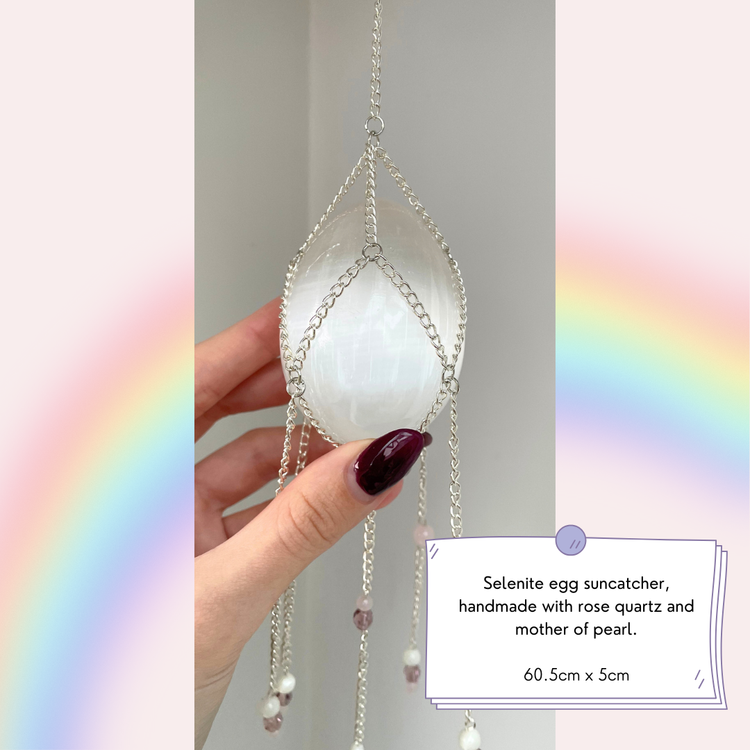 Selenite Egg + Rose Quartz Princess Suncatcher | Crystal Wall Hanging