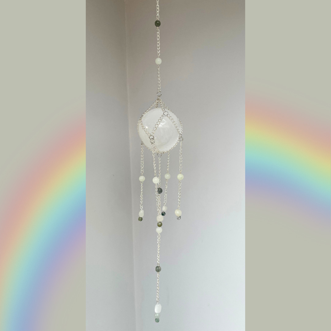 Selenite Sphere + Moss Agate Suncatcher | Crystal Wall Hanging