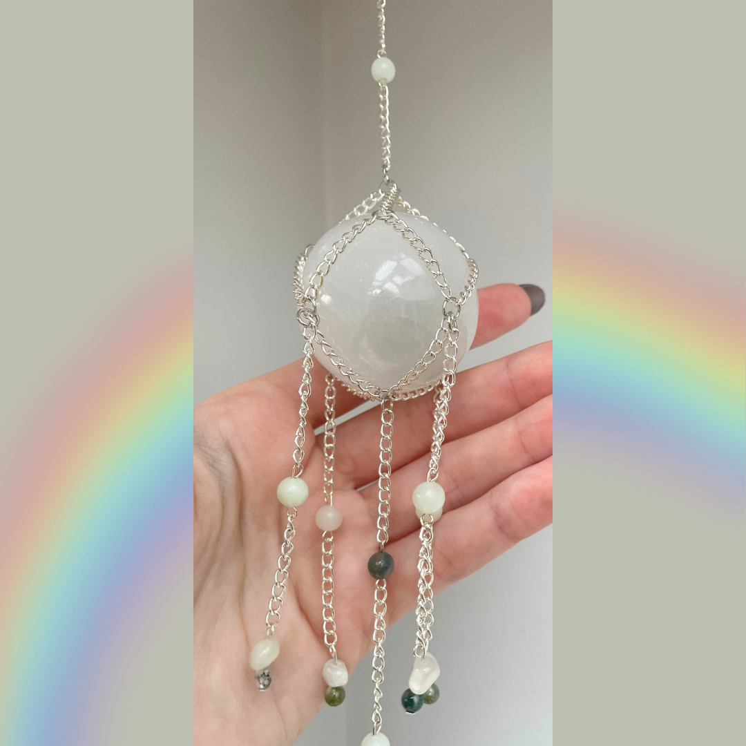 Selenite Sphere + Moss Agate Suncatcher | Crystal Wall Hanging