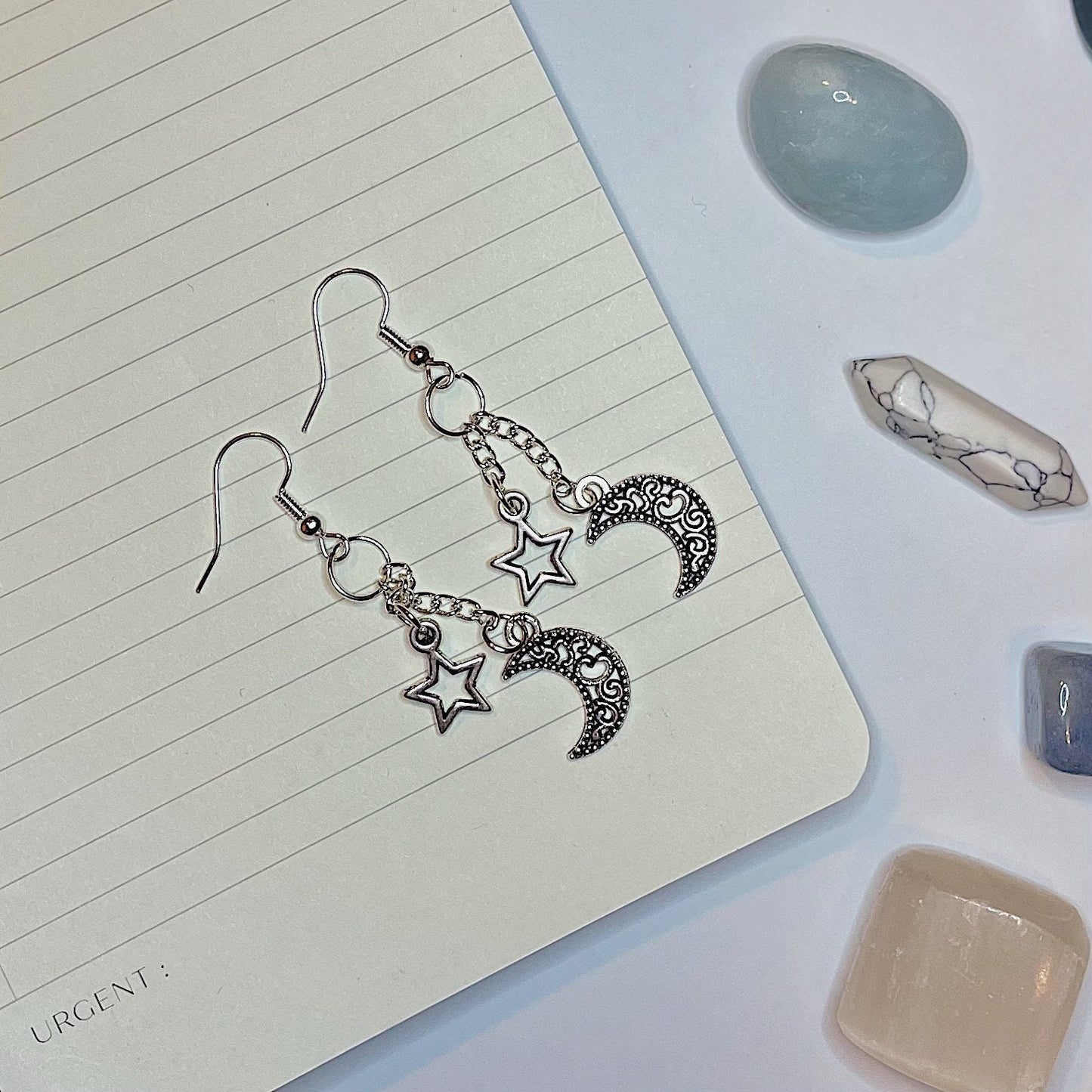 Moon + Star Chain Dangly Earrings